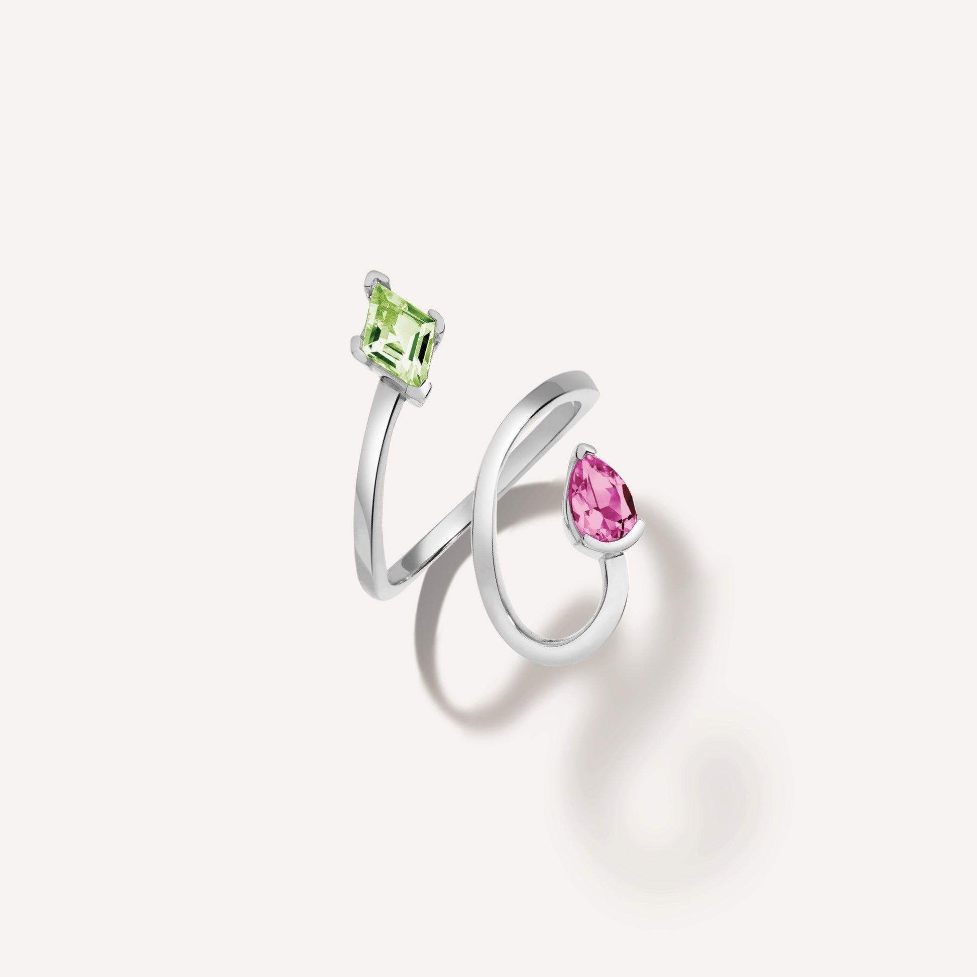 Life Won't Wait Ring - LÚDERE Sterling Silver open spiral wrap ring with pear and lozenge peridot and pink topaz gemstones