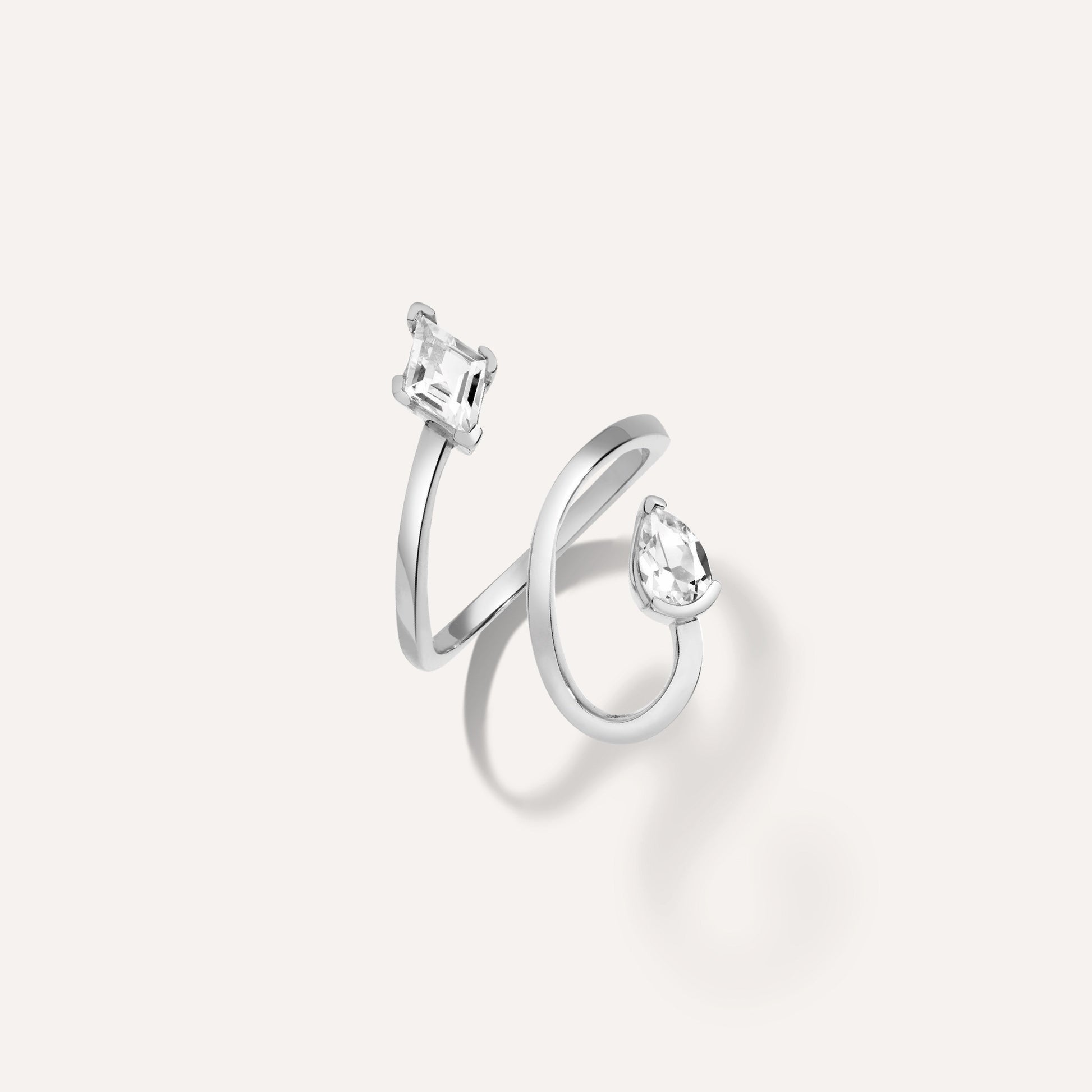 Life Won't Wait Ring - LÚDERE - Sterling Silver open spiral wrap ring with pear and lozenge white topaz gemstones