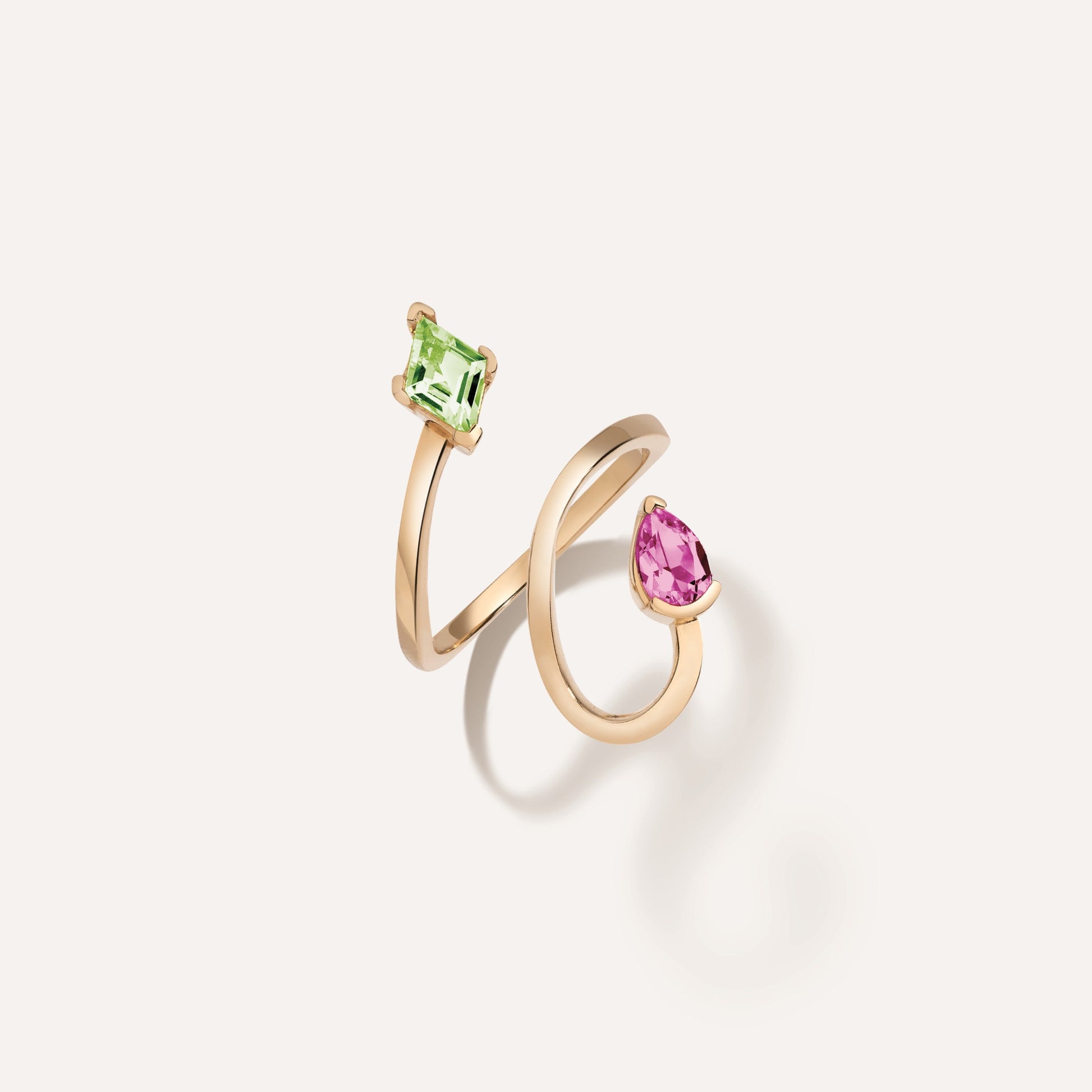 Life Won't Wait Ring - LÚDERE 18K gold vermeil open spiral wrap ring with pear and lozenge pink topaz & peridot gemstones