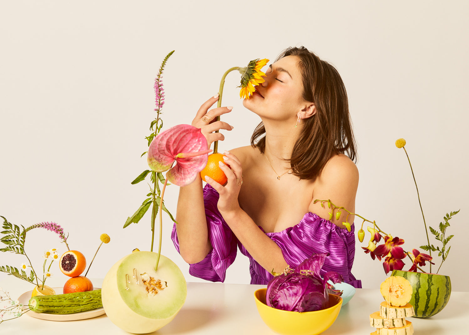 Ludere Jewelry still life image with fruits & flowers, earrings, rings, necklaces